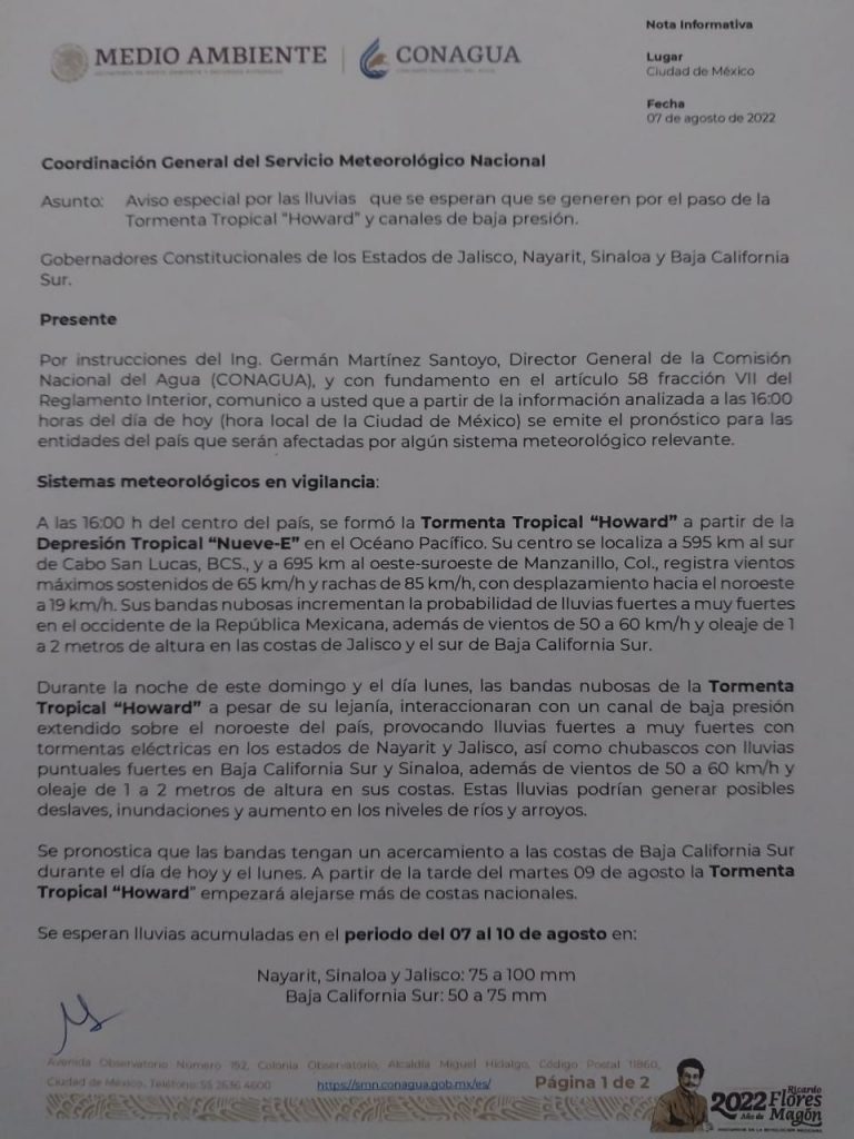 ALERTA POR LA TORMENTA TROPICAL HOWARD.