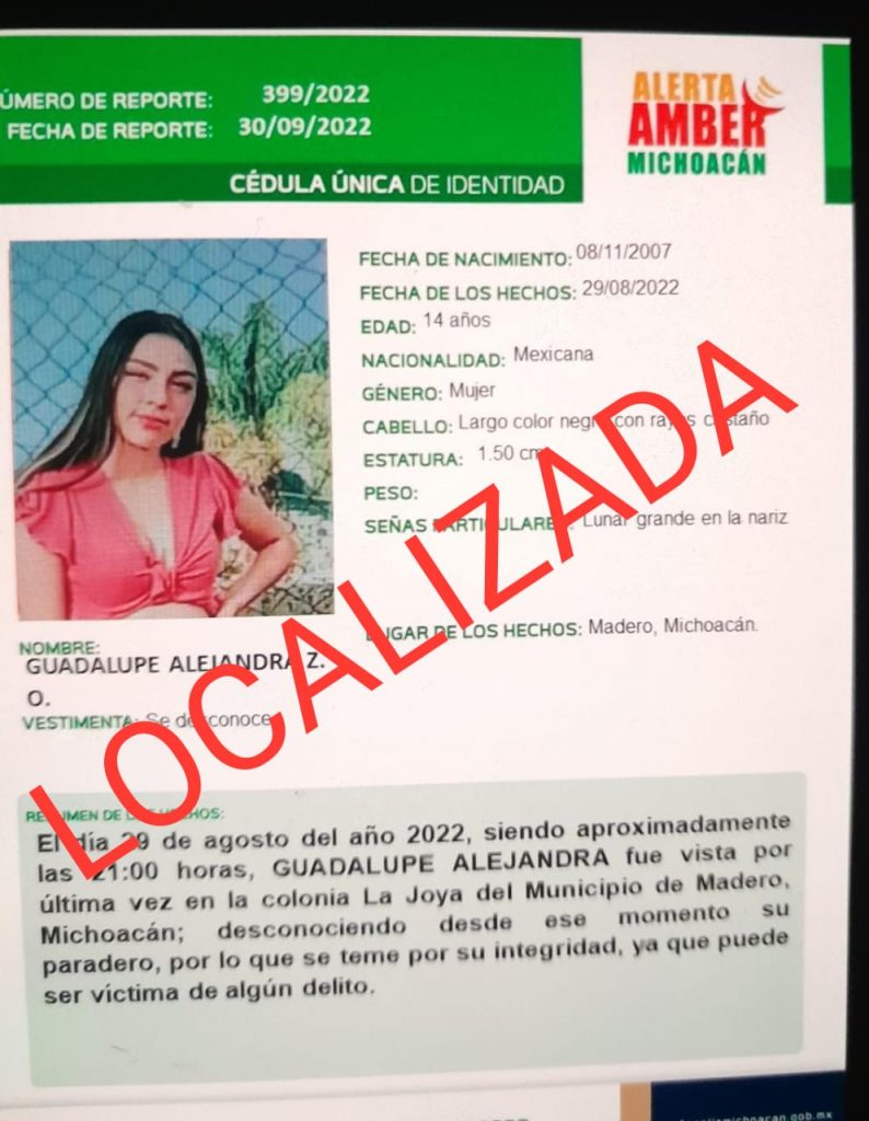 LOCALIZA SSPC A MENOR CON ALERTA AMBER EN COMPOSTELA