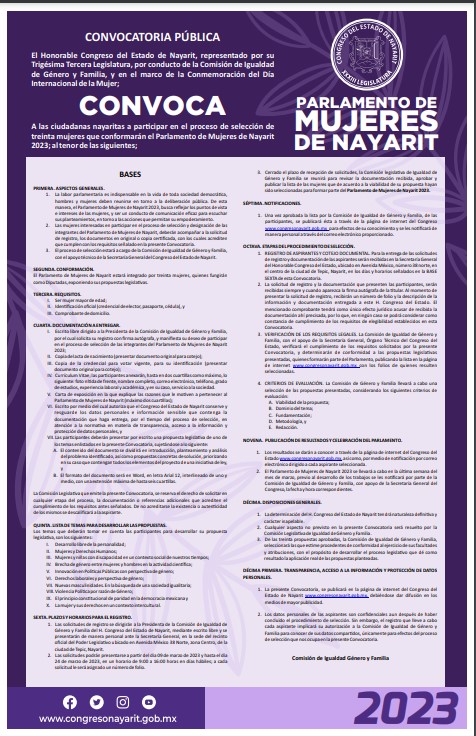 INVITA CONGRESO DE NAYARIT AL PARLAMENTO DE MUJERES
