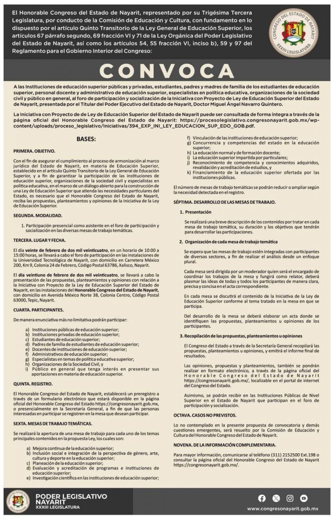 CONOCE LA CONVOCATORIA PARA EL FORO DE PARTICIPACIÓN Y SOCIALIZACIÓN DE LA INICIATIVA CON PROYECTO DE LEY DE EDUCACIÓN SUPERIOR DEL ESTADO DE NAYARIT.