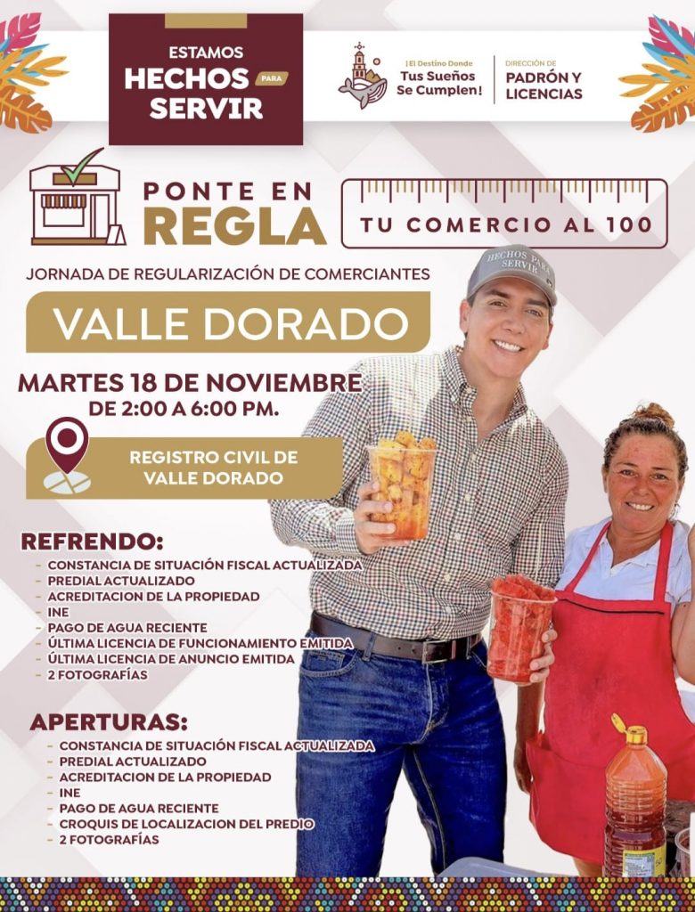 Jornada de Regularización de Comerciantes llegará a Valle Dorado