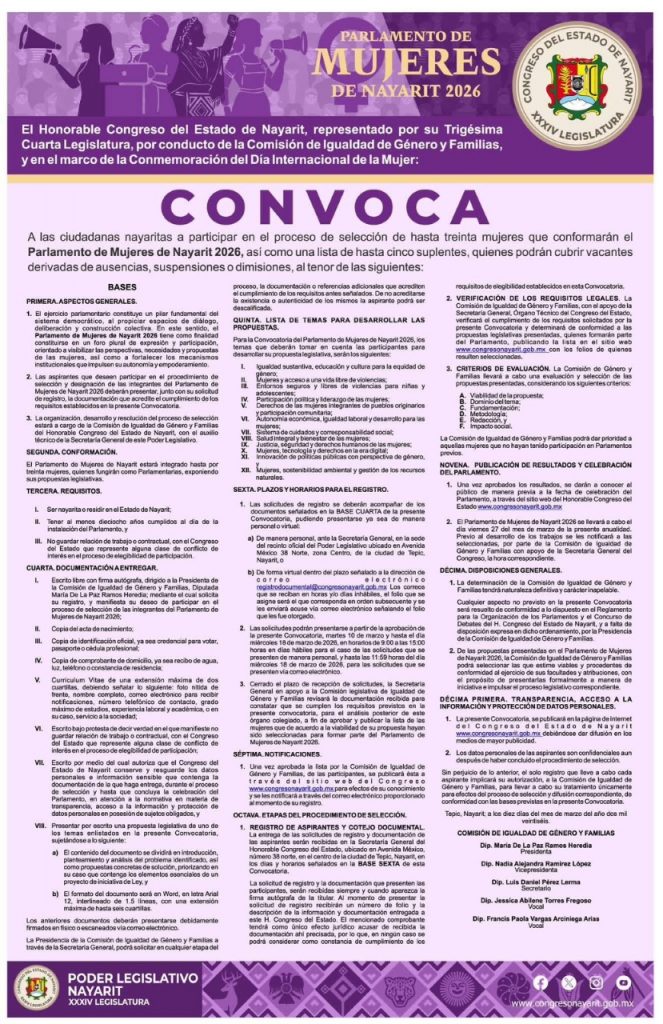 Congreso de Nayarit convoca a integrar el Parlamento de Mujeres 2026