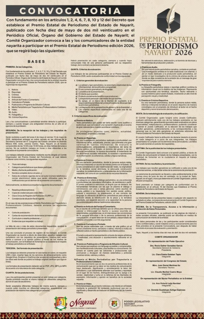 Convoca Comité Organizador al Premio Estatal de Periodismo 2026