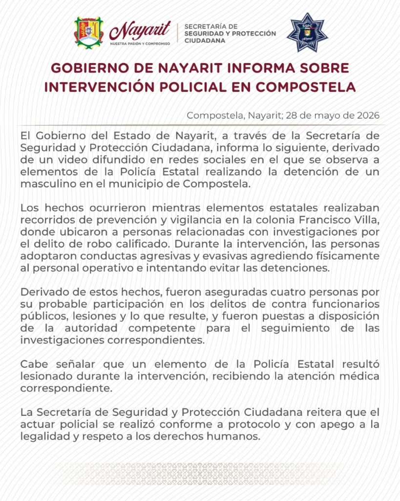 Gobierno de Nayarit informa sobre intervención policial en Compostela